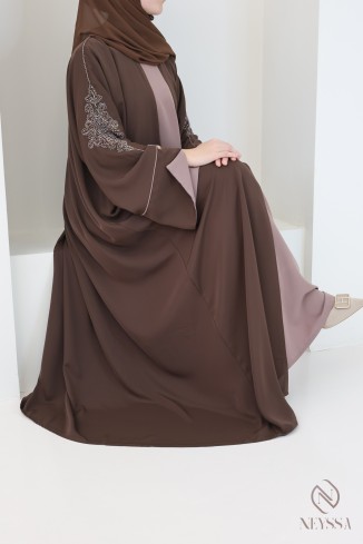 Abaya Dubaï 4 pièces, abaya kimono marron avec perles brodées 2
