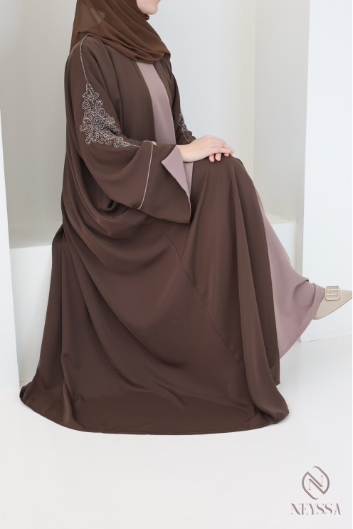 4-piece Dubai abaya, brown kimono abaya with embroidered pearls