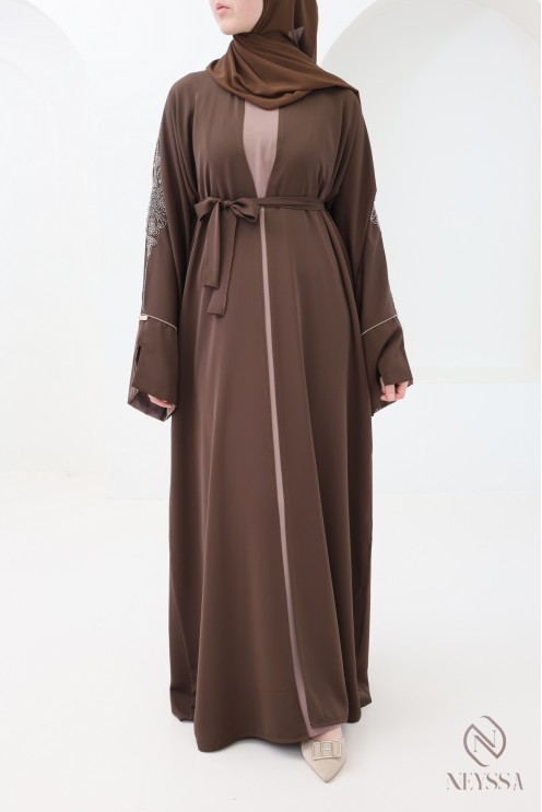 Abaya Dubaï 4 pièces, abaya kimono marron avec perles brodées