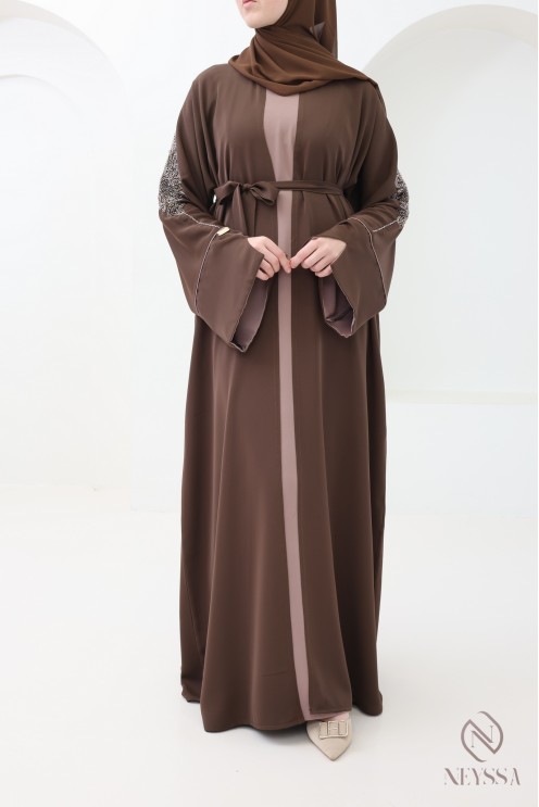 Abaya Dubaï 4 pièces, abaya kimono marron avec perles brodées