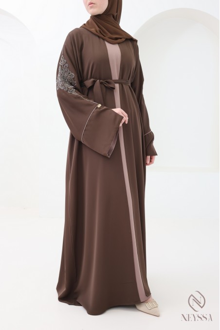 4-piece Dubai abaya, brown kimono abaya with embroidered pearls