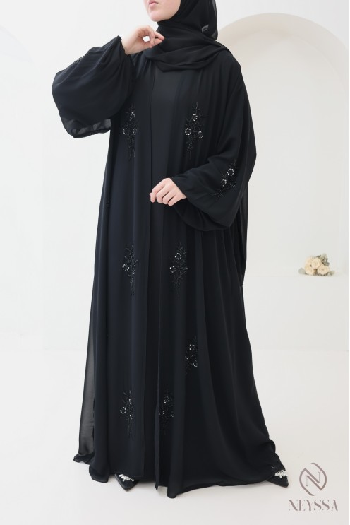 Abaya Dubaï kimono mousseline, perles brodées à motif floral