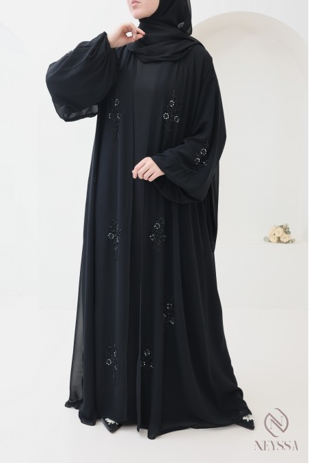 Abaya Dubai Kimono aus Musselin, mit Perlen bestickt mit Blumenmuster