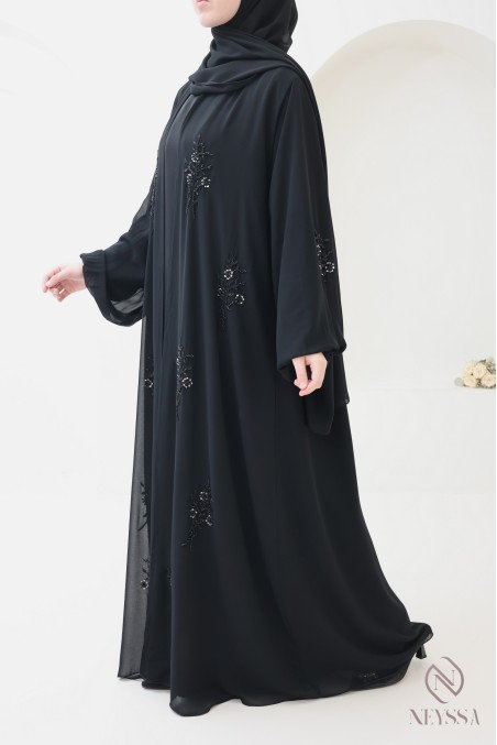 Dubai chiffon kimono abaya, embroidered with floral motif beads