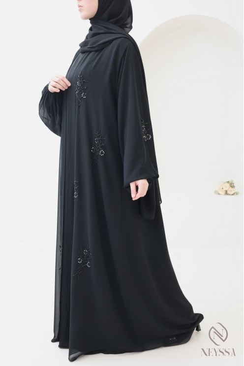 Dubai chiffon kimono abaya, embroidered with floral motif beads