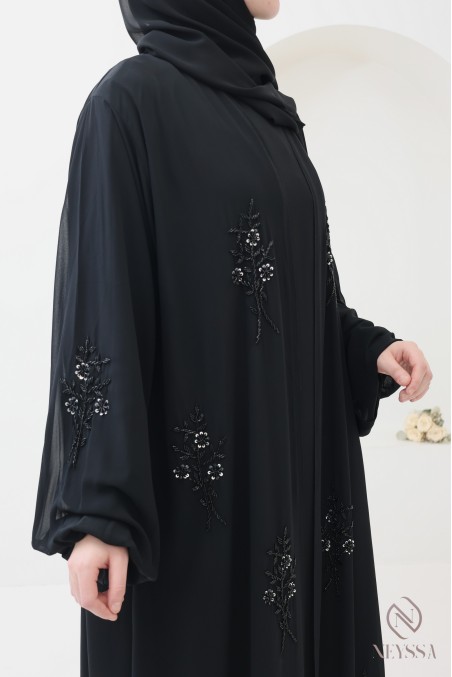 Abaya Dubaï kimono mousseline, perles brodées à motif floral