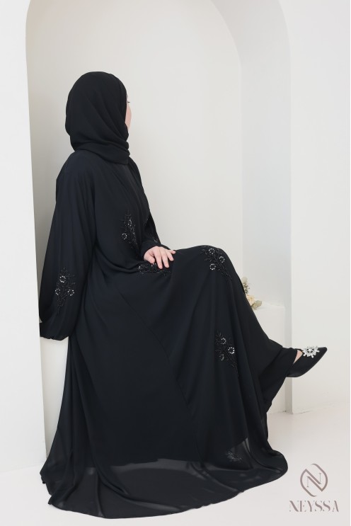 Abaya Dubai Kimono aus Musselin, mit Perlen bestickt mit Blumenmuster