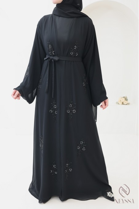 Abaya Dubai Kimono aus Musselin, mit Perlen bestickt mit Blumenmuster