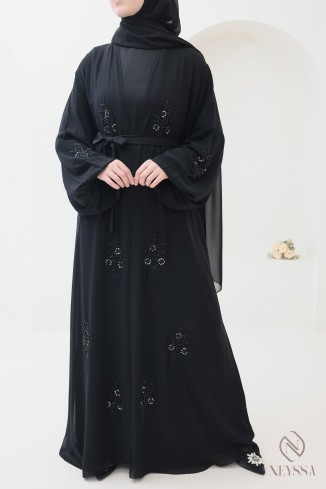 Dubai chiffon kimono abaya, embroidered with floral motif beads