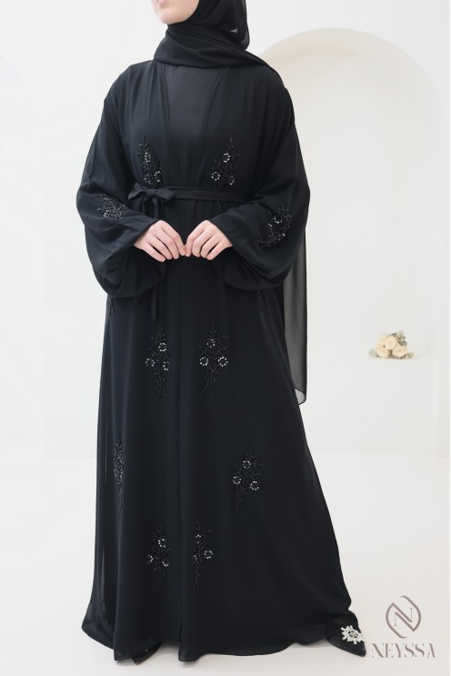 Abaya Dubai Kimono aus Musselin, mit Perlen bestickt mit Blumenmuster