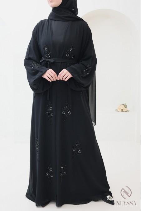 Abaya Dubaï kimono mousseline, perles brodées à motif floral