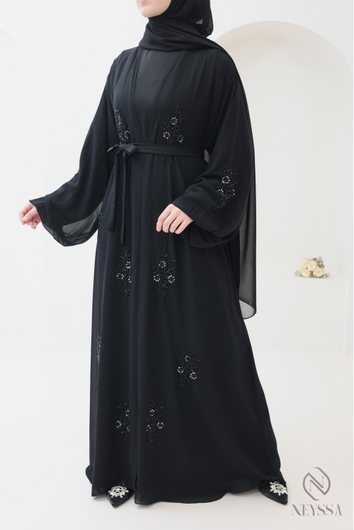 Abaya Dubaï kimono mousseline, perles brodées à motif floral