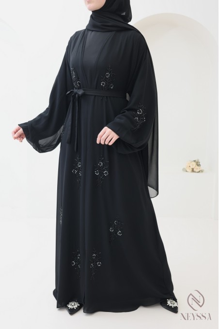 Abaya Dubaï kimono mousseline, perles brodées à motif floral