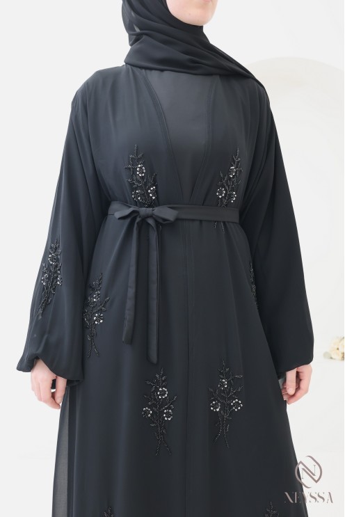 Abaya Dubaï kimono mousseline, perles brodées à motif floral