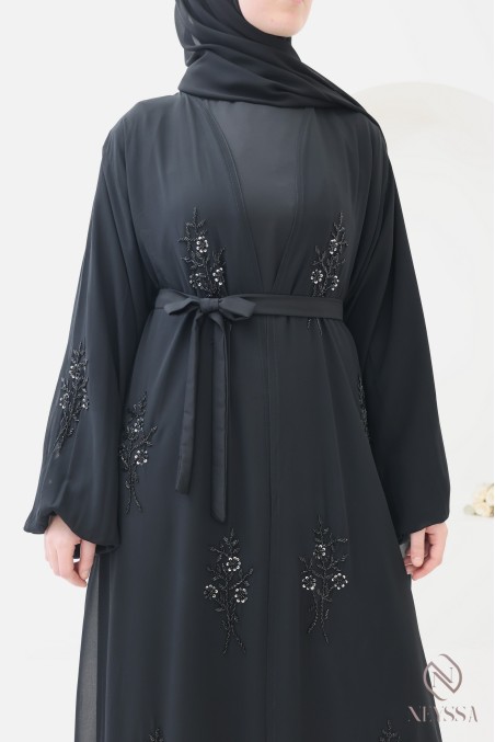 Abaya Dubai Kimono aus Musselin, mit Perlen bestickt mit Blumenmuster