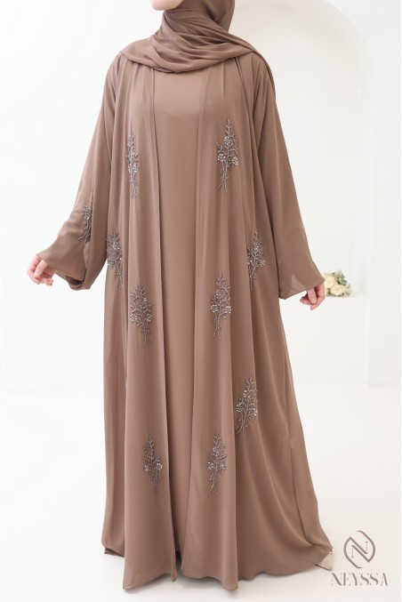 Dark taupe 4-piece Dubai kimono abaya, Neyssa women's clothing