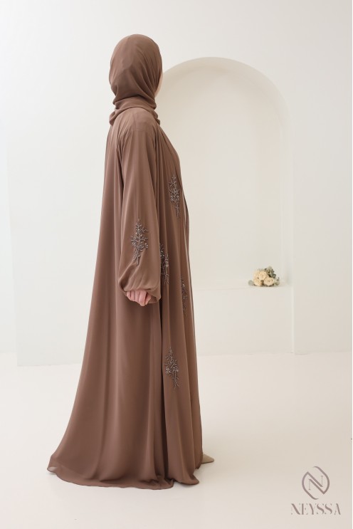 Abaya Dubaï kimono dark taupe 4 pièces, Confection Neyssa femme