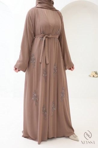Abaya Dubaï kimono dark taupe 4 pièces, Confection Neyssa femme