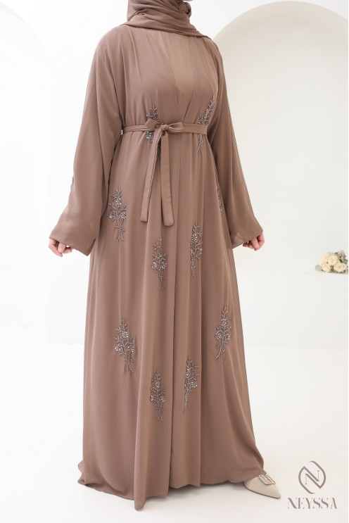Abaya Dubaï kimono dark taupe 4 pièces, Confection Neyssa femme
