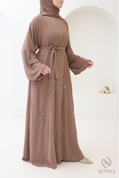 Abaya Dubaï kimono dark taupe 4 pièces, Confection Neyssa femme