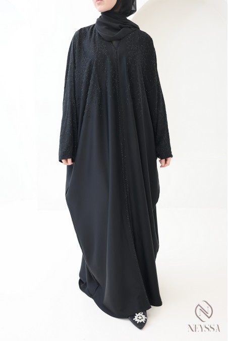 Abaya Dubaï kimono coupe papillon noir pour femme à strass