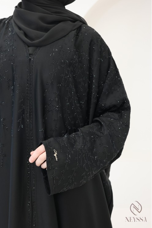 Abaya Dubaï kimono coupe papillon noir pour femme à strass