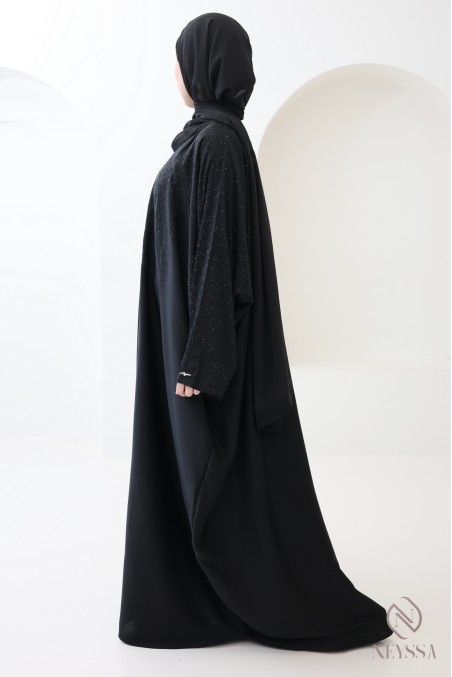 Black butterfly-cut Dubai kimono abaya for women with rhinestones