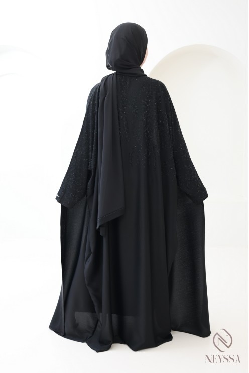 Abaya Dubaï kimono coupe papillon noir pour femme à strass