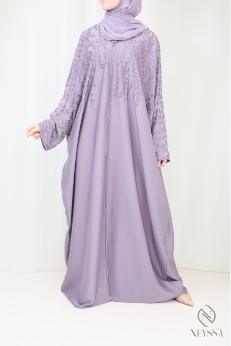 Abaya Dubai luxury butterfly-cut kimono in mauve with rhinestones
