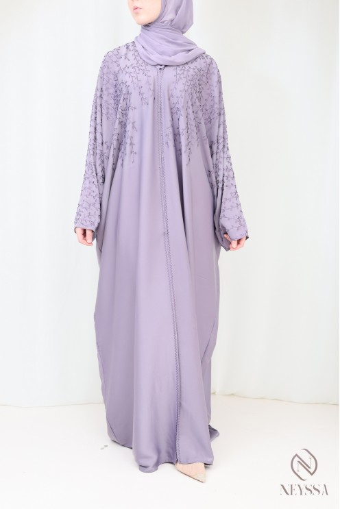 Abaya Dubaï kimono de luxe coupe papillon mauve à stass