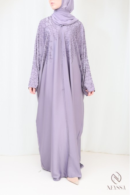 Abaya Dubaï kimono de luxe coupe papillon mauve à stass