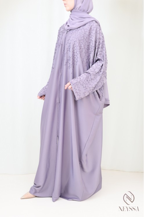 Abaya Dubai luxury butterfly-cut kimono in mauve with rhinestones