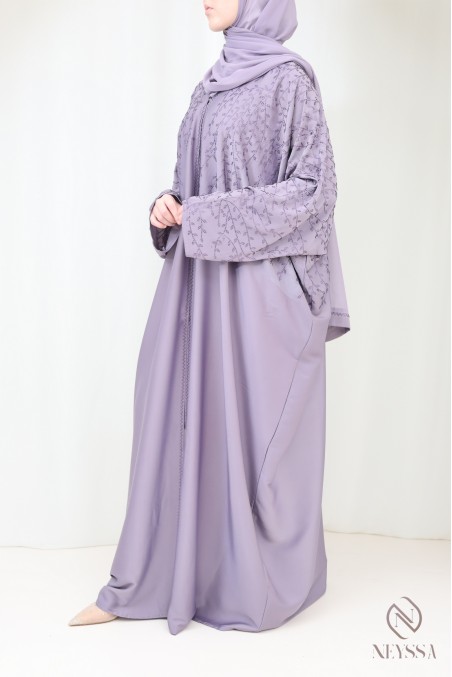 Abaya Dubai luxury butterfly-cut kimono in mauve with rhinestones