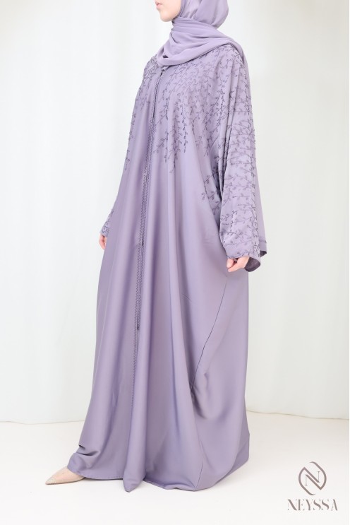 Abaya Dubai luxury butterfly-cut kimono in mauve with rhinestones