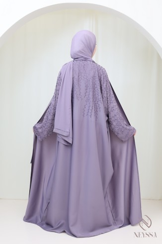 Abaya Dubaï kimono de luxe coupe papillon mauve à stass 2