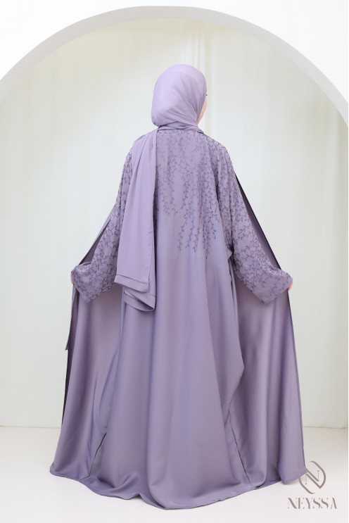 Abaya Dubai luxury butterfly-cut kimono in mauve with rhinestones