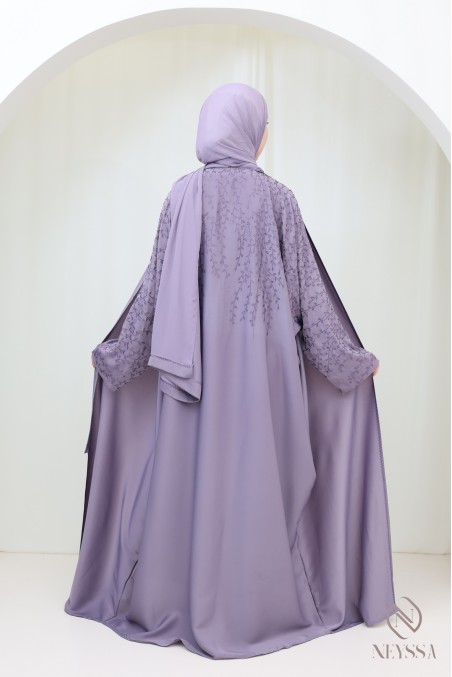 Abaya Dubai luxury butterfly-cut kimono in mauve with rhinestones