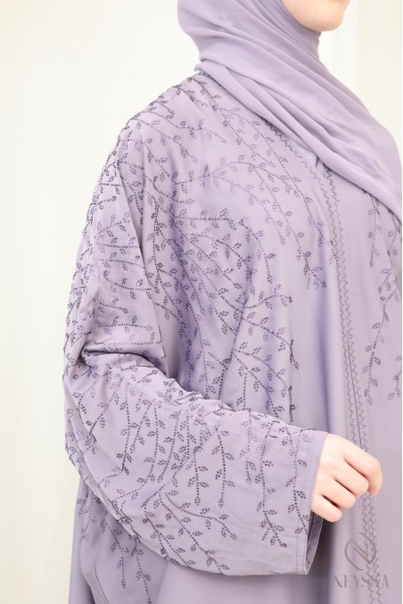 Abaya Dubai luxury butterfly-cut kimono in mauve with rhinestones