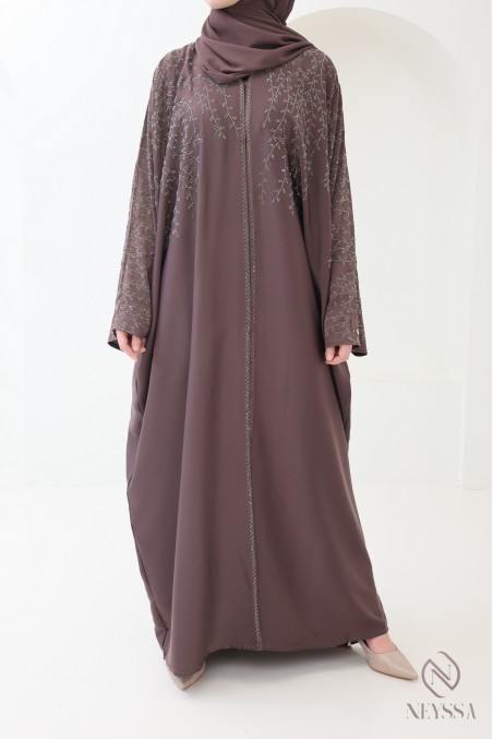 Chic brown kimono-style Dubai abaya for hijabi women for Eid