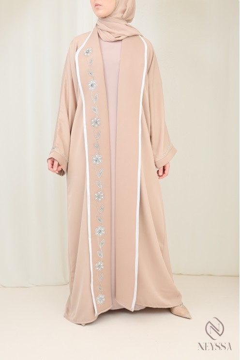 Luxuriöse beigefarbene Kimono-Abaya aus Dubai mit Stickerei für Hijabi