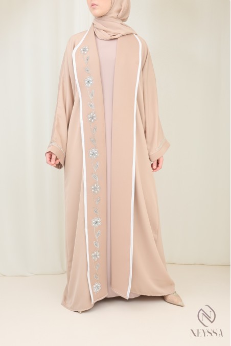 Luxury beige Dubai kimono abaya with embroidery for hijabi women