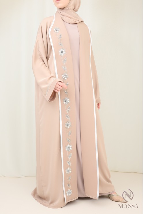 Luxuriöse beigefarbene Kimono-Abaya aus Dubai mit Stickerei für Hijabi