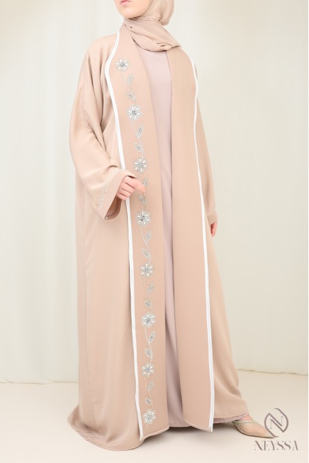 Luxuriöse beigefarbene Kimono-Abaya aus Dubai mit Stickerei für Hijabi