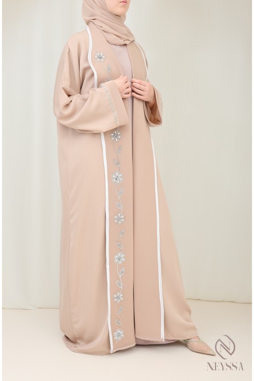 Luxury beige Dubai kimono abaya with embroidery for hijabi women