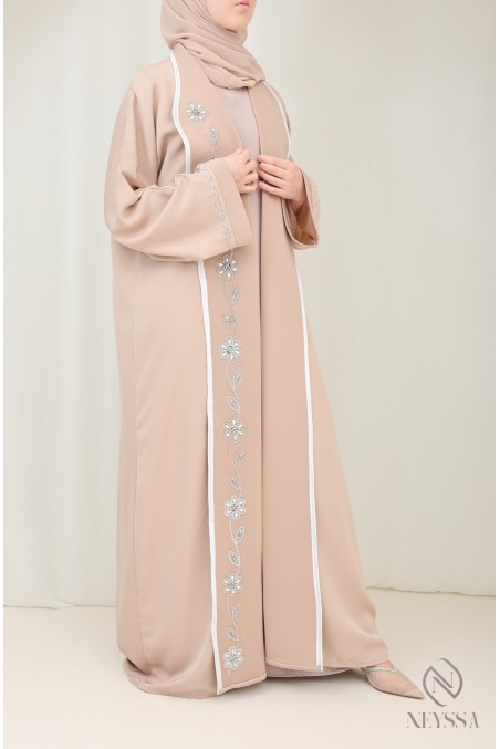 Abaya kimono Dubaï de luxe beige avec broderie pour femme hijabi