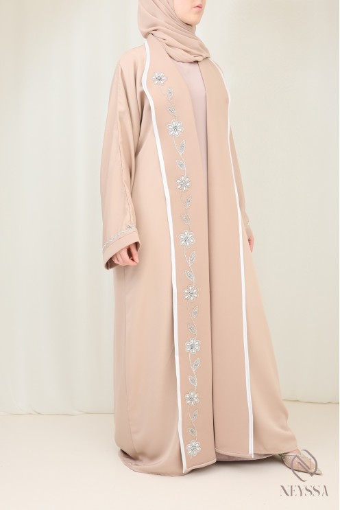 Luxuriöse beigefarbene Kimono-Abaya aus Dubai mit Stickerei für Hijabi