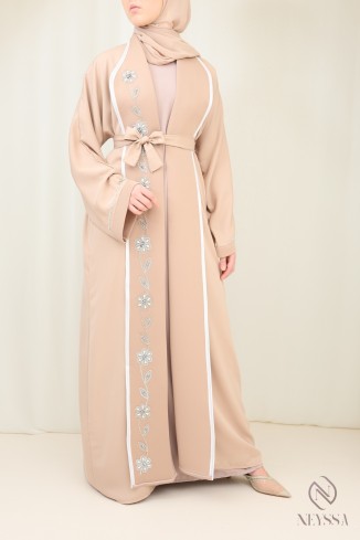 Abaya kimono Dubaï de luxe beige avec broderie pour femme hijabi