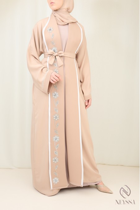 Abaya kimono Dubaï de luxe beige avec broderie pour femme hijabi
