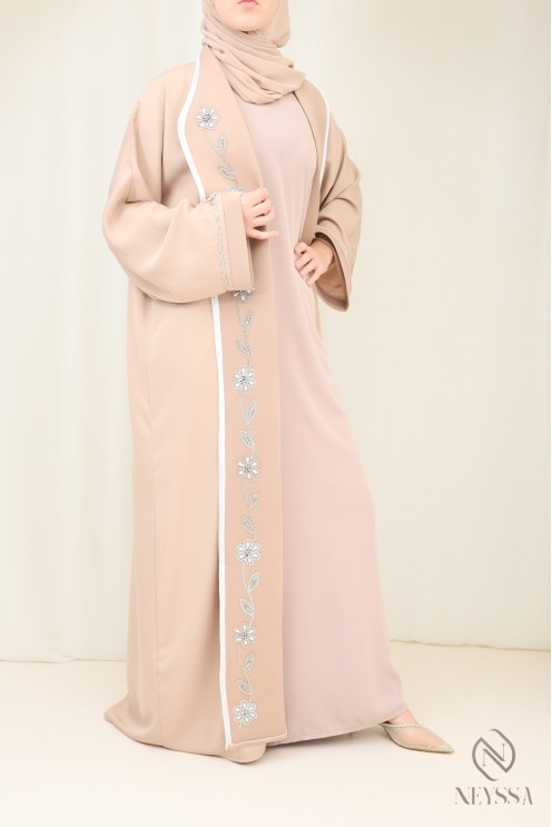 Abaya kimono Dubaï de luxe beige avec broderie pour femme hijabi
