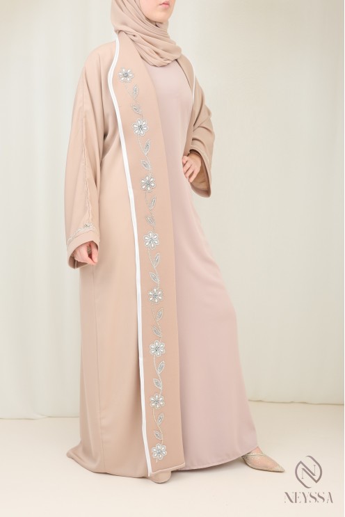 Abaya kimono Dubaï de luxe beige avec broderie pour femme hijabi